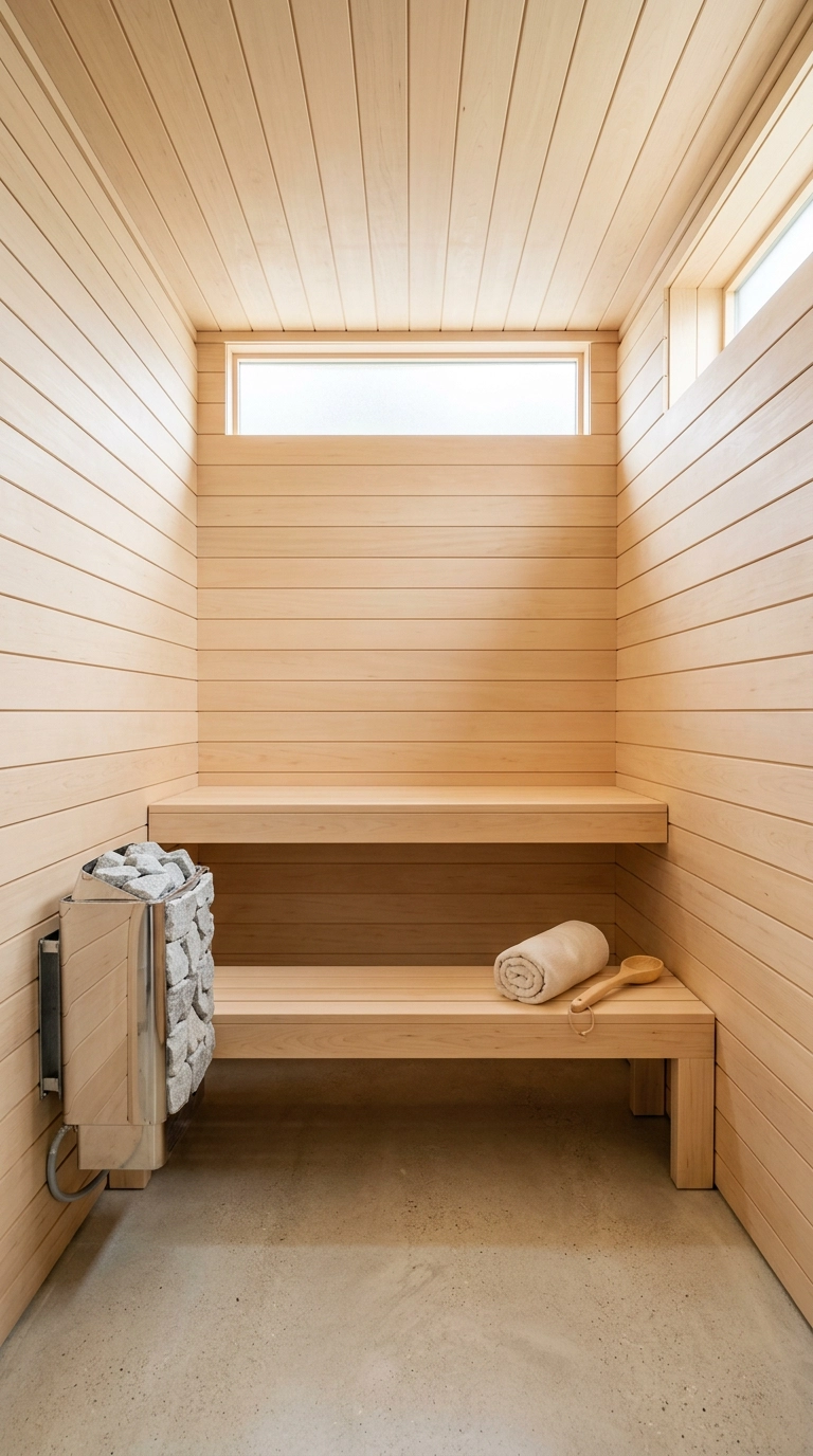 Bright minimalist sauna lined in pale thermally modified aspen with a straight single-run bench