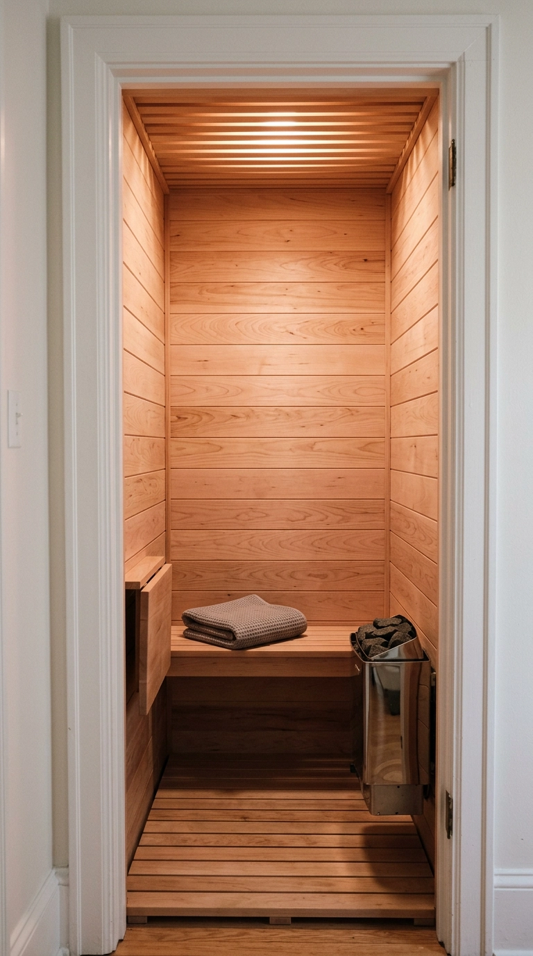 Tiny one-person sauna built into a converted hallway closet with pale alder walls and a single bench