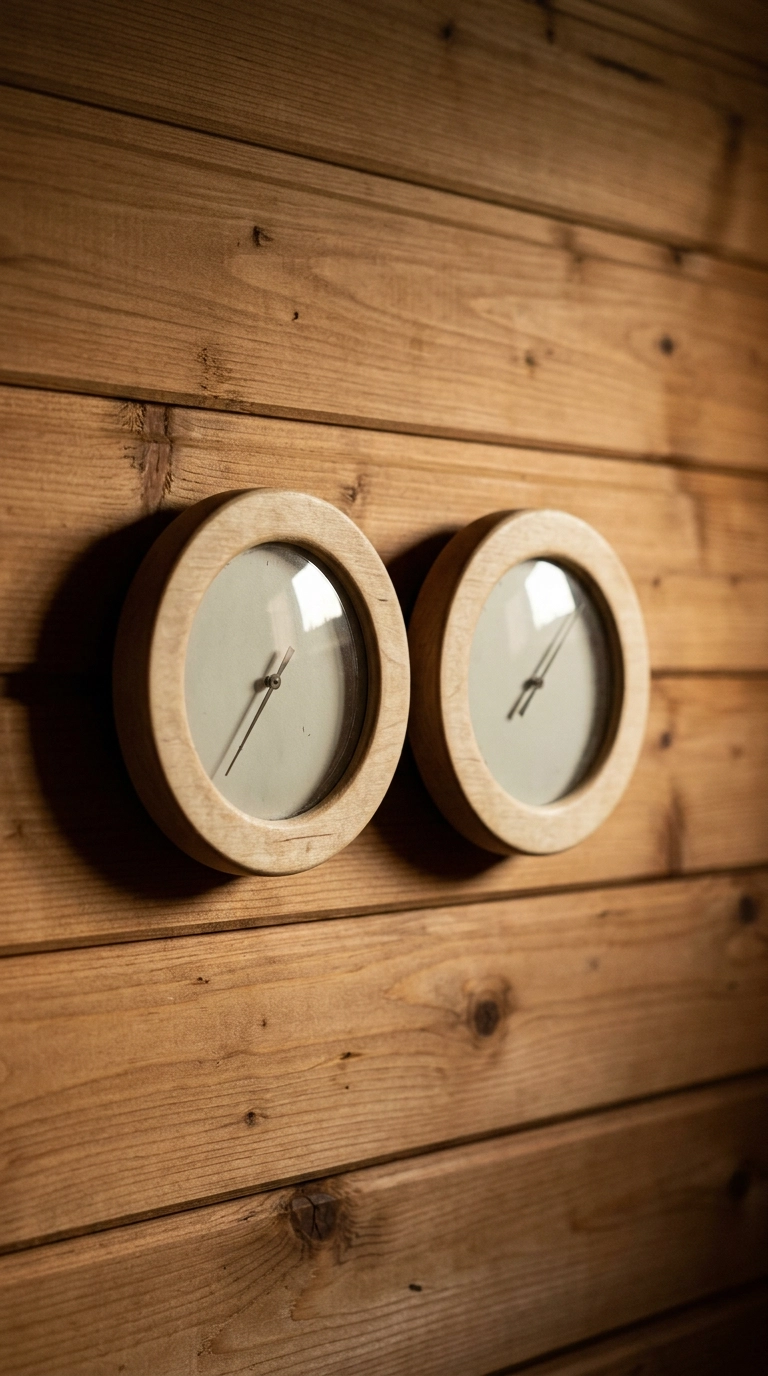 Pair of round birch-cased sauna gauges mounted side by side on a warm cedar wall