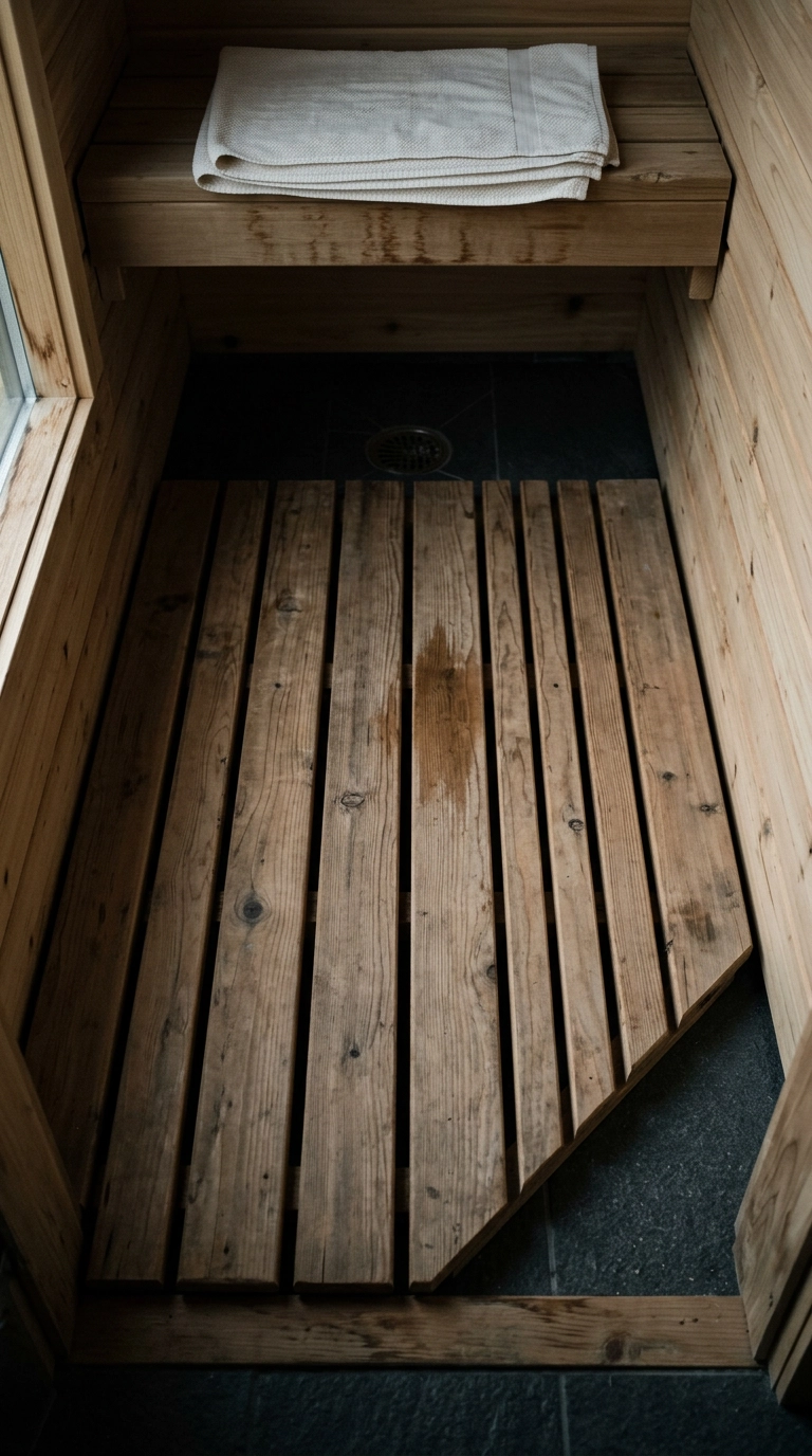 Removable cedar duckboard slat flooring over dark tile inside a small residential sauna