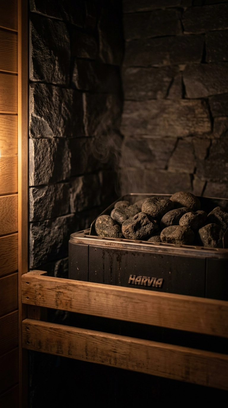 Sauna heater with dark stones set against a charcoal basalt stone surround and cedar guard rail