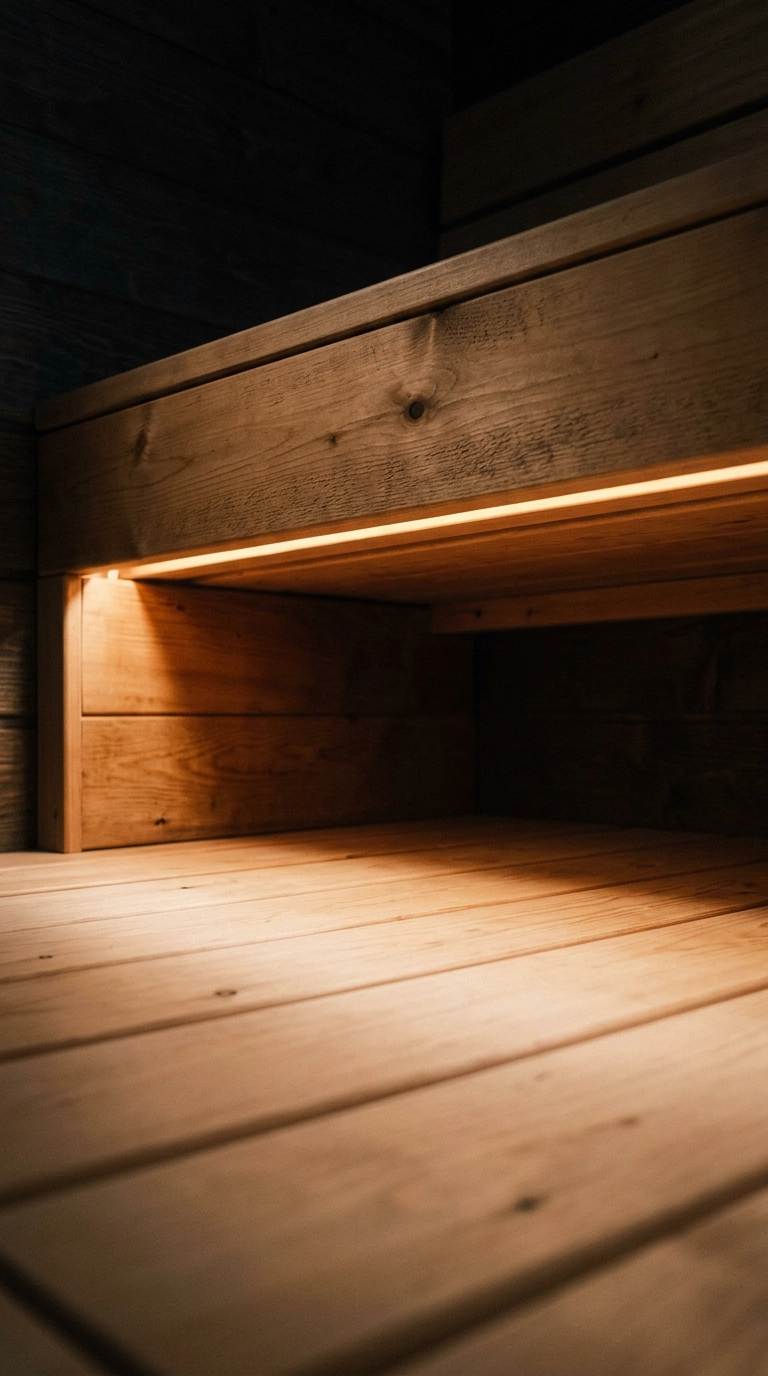 Warm LED strip light hidden under a pale aspen sauna bench glowing down onto slat flooring