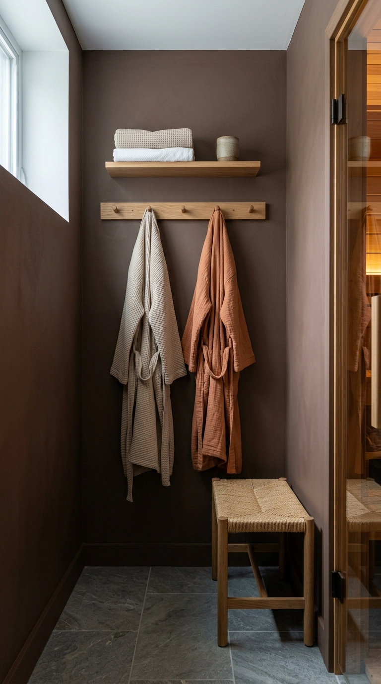 Clay brown wall outside a sauna with oak pegs holding two robes and a small shelf of towels