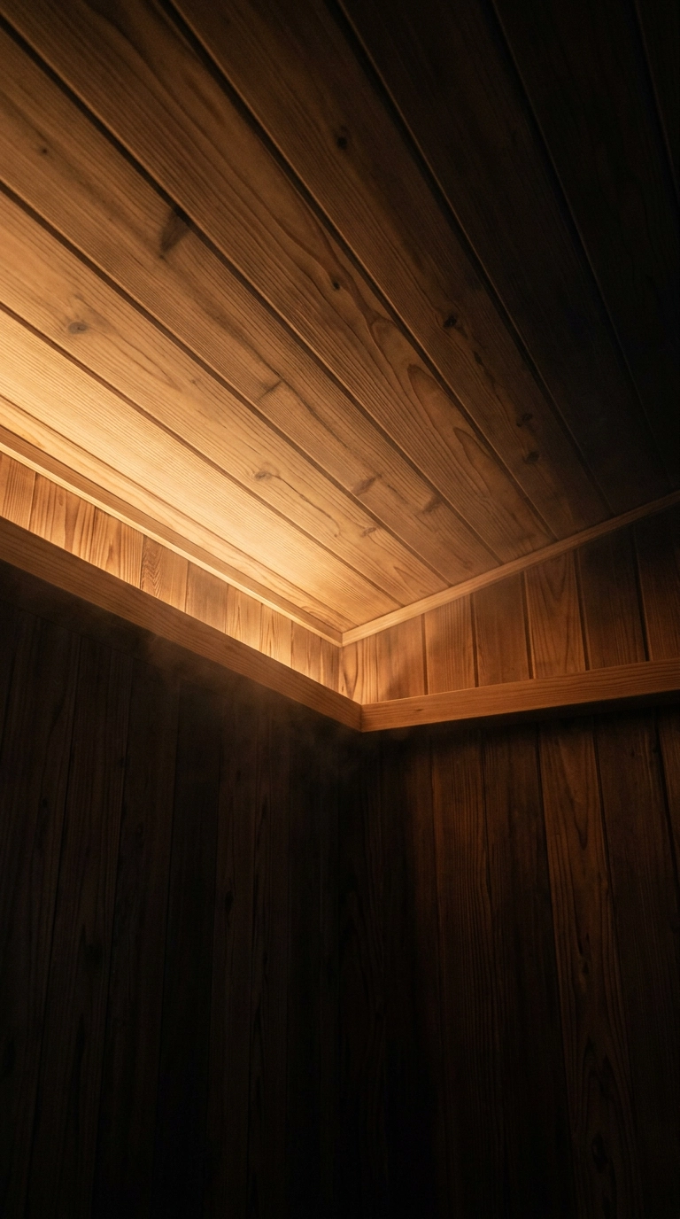 Concealed cove light glowing upward across the pine ceiling boards of a dark sauna