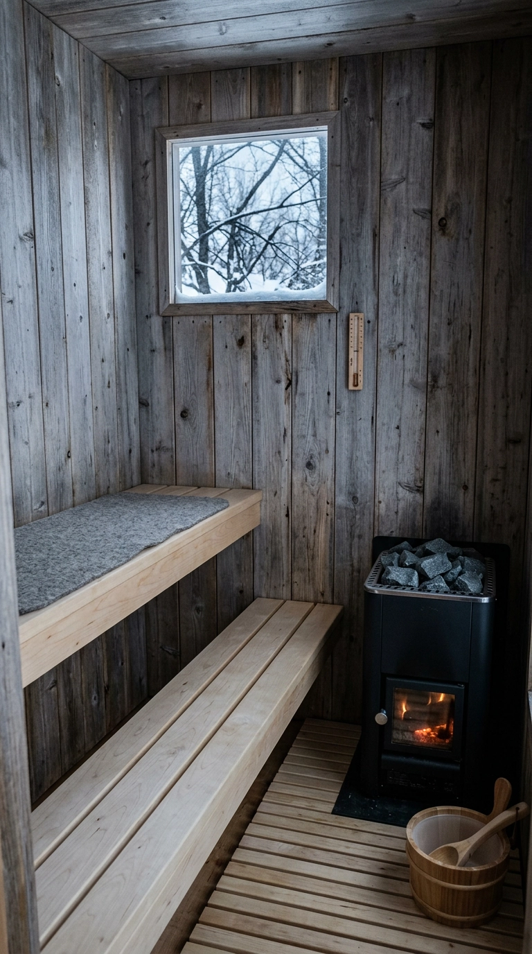 Outdoor cedar cabin sauna with a small high window framing bare winter branches above an aspen bench