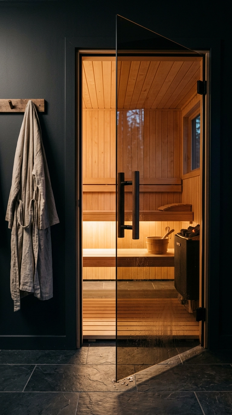 Glass sauna door seen from a dark tiled changing area with warm light glowing on pale hemlock walls inside