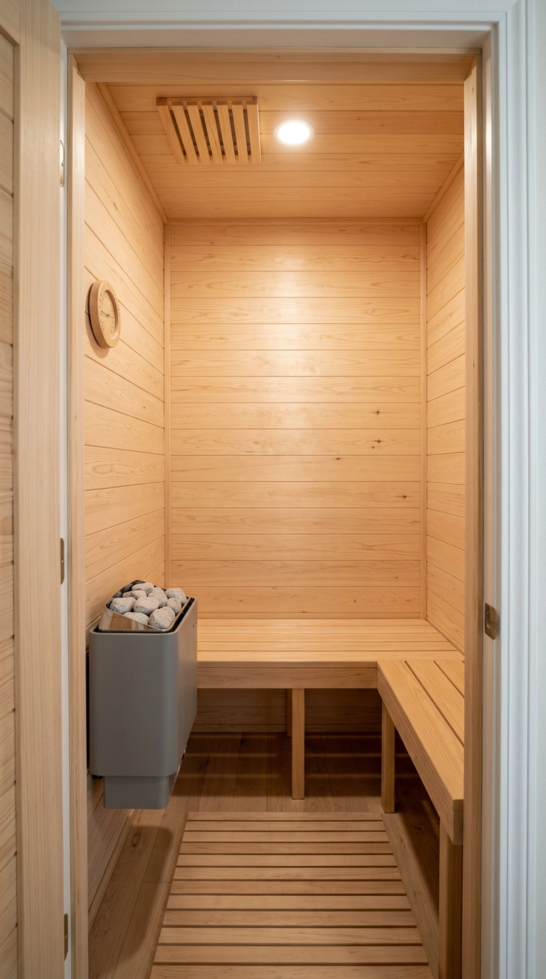 Small blond hemlock sauna built into a converted closet with a simple L-shaped bench