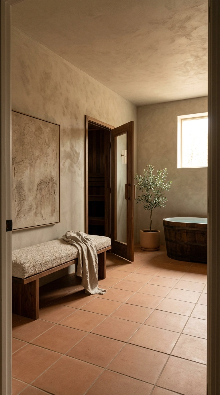 Cool-down room beside a sauna with lime-washed greige walls, a walnut bench and a dark wood plunge tub