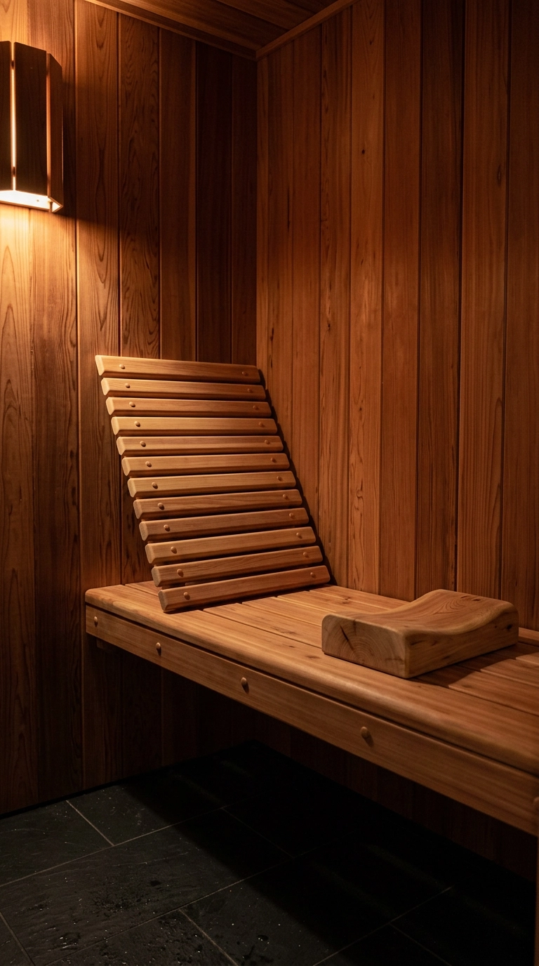 Angled cedar slat backrest and curved headrest in the corner of a red cedar sauna
