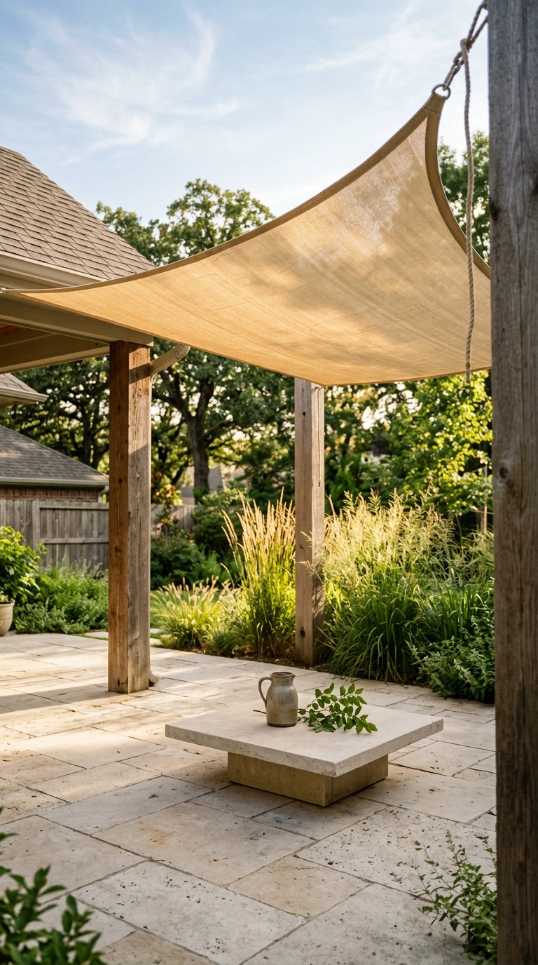 Oatmeal canvas shade sail stretched overhead above a limestone patio seating area
