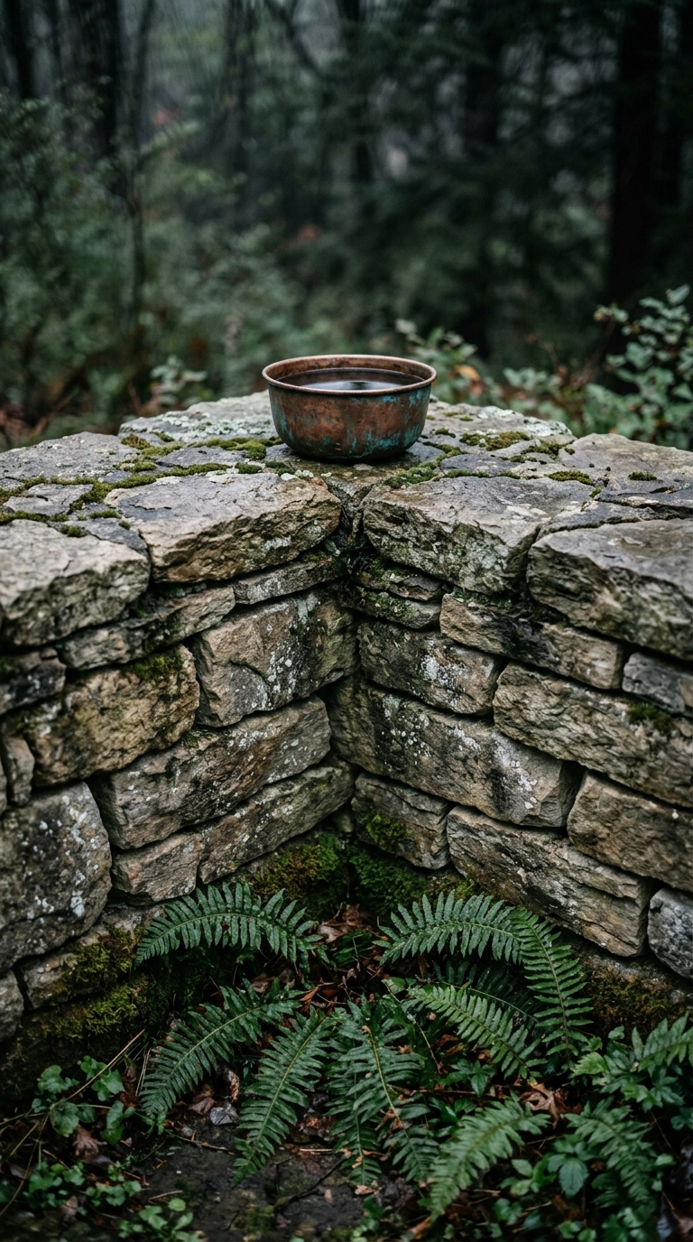 Dry-stacked mossy fieldstone wall corner with ferns and a copper water bowl