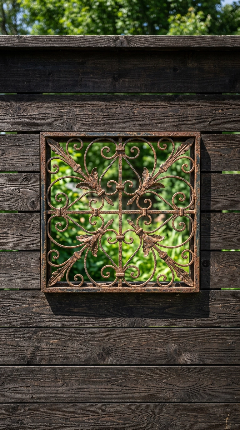 Rusted antique iron grille panel set into a dark stained backyard fence