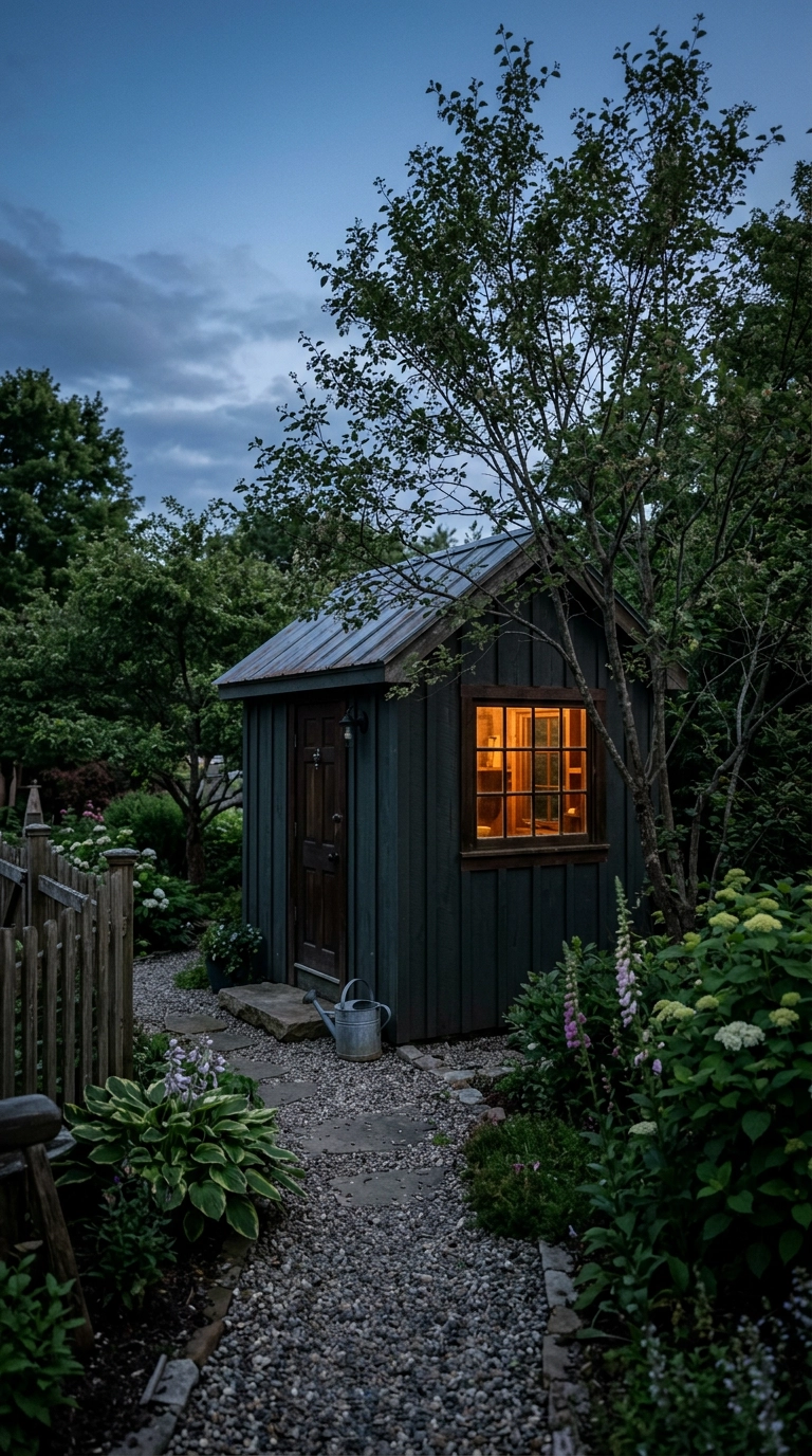 Small charcoal green potting shed glowing at dusk at the end of a gravel garden path