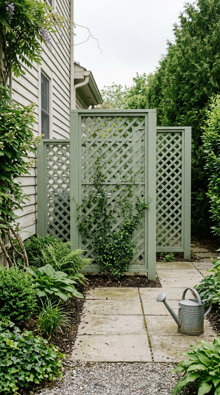 Staggered sage green lattice screen panels hiding a side yard utility area