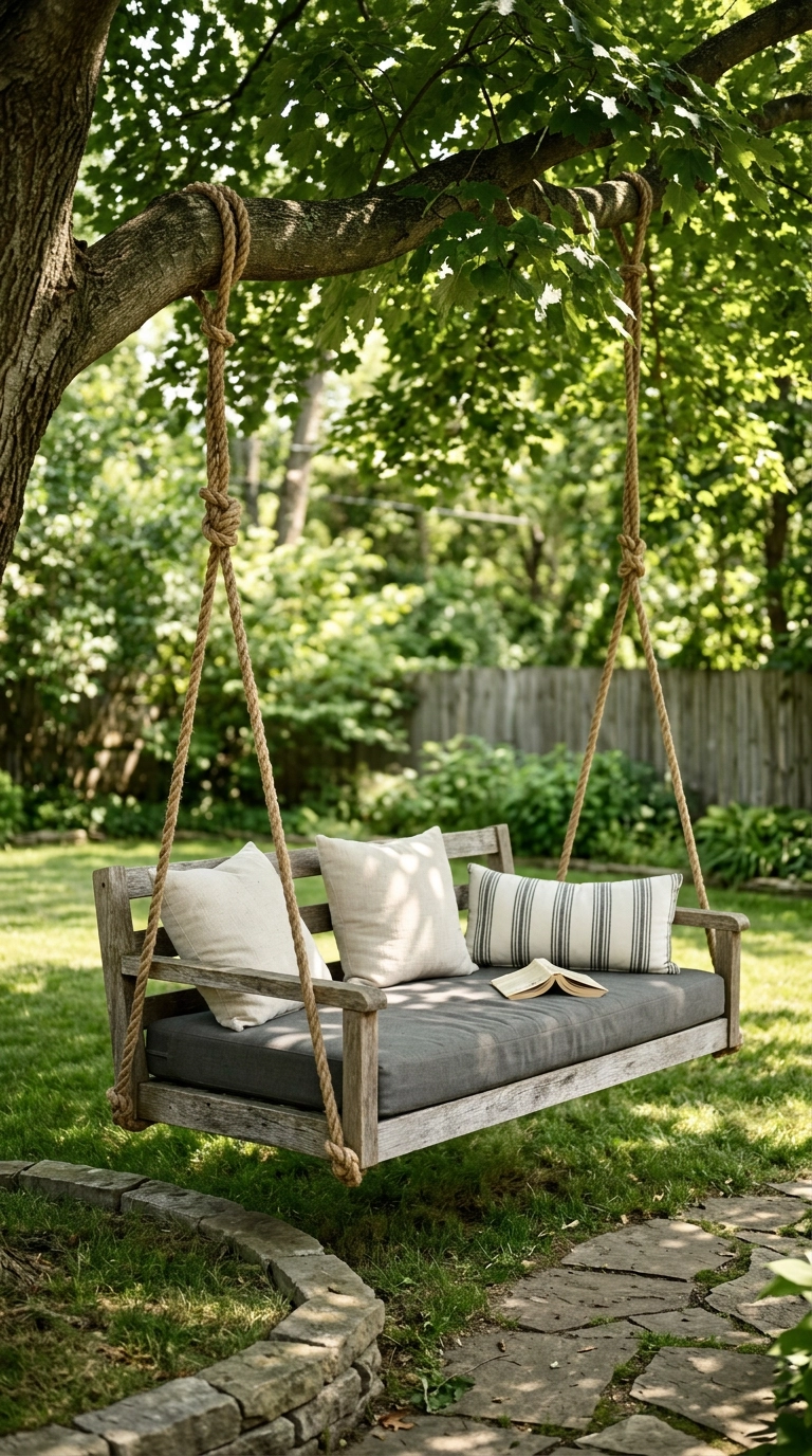 Rope hung oak daybed swing with charcoal mattress under a dappled maple canopy