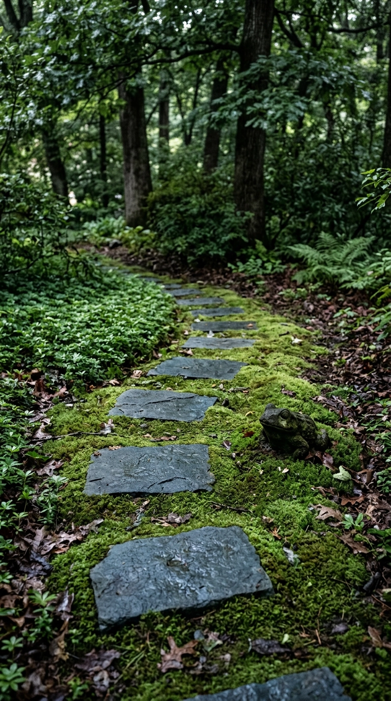 Bluestone stepping stones set into green moss curving through a shaded woodland bed