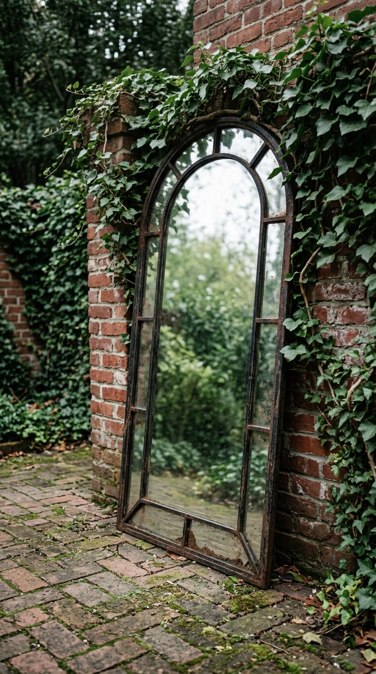 Tall arched garden mirror leaned against a brick wall to look like a doorway