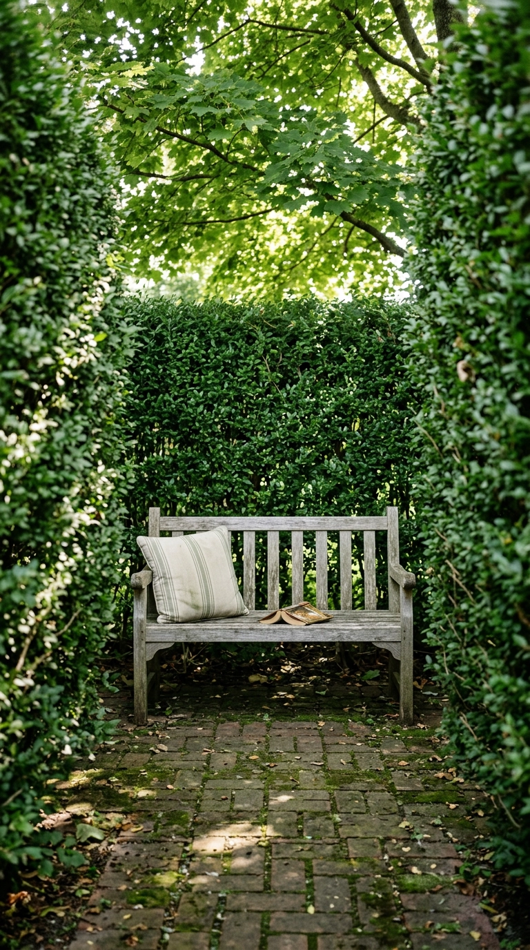 Weathered teak bench in a shaded alcove cut into a tall green hedge