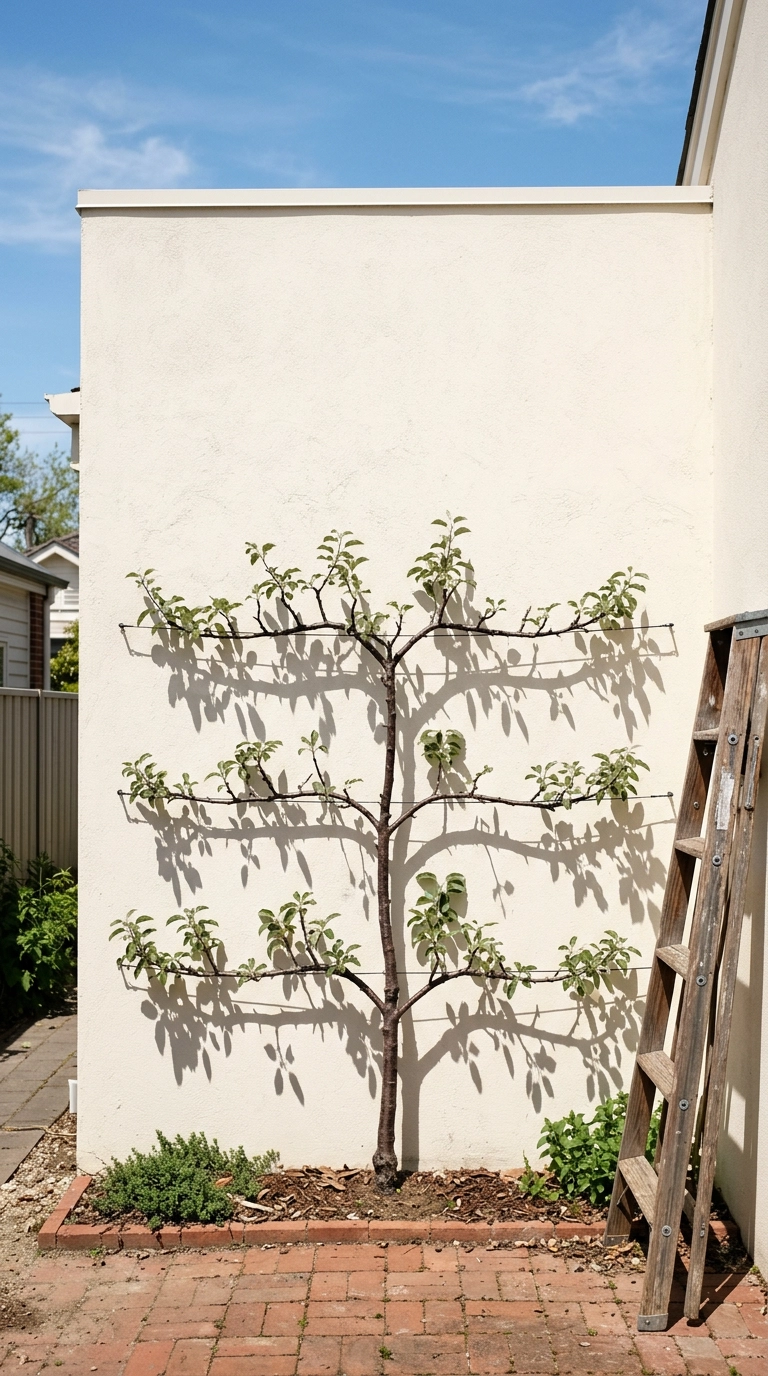 Apple tree espaliered flat in horizontal tiers against a white stucco garage wall