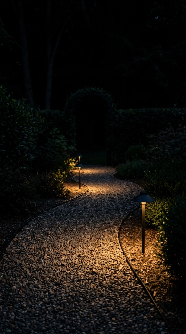 Low black path lanterns casting small warm pools of light on a dark garden path