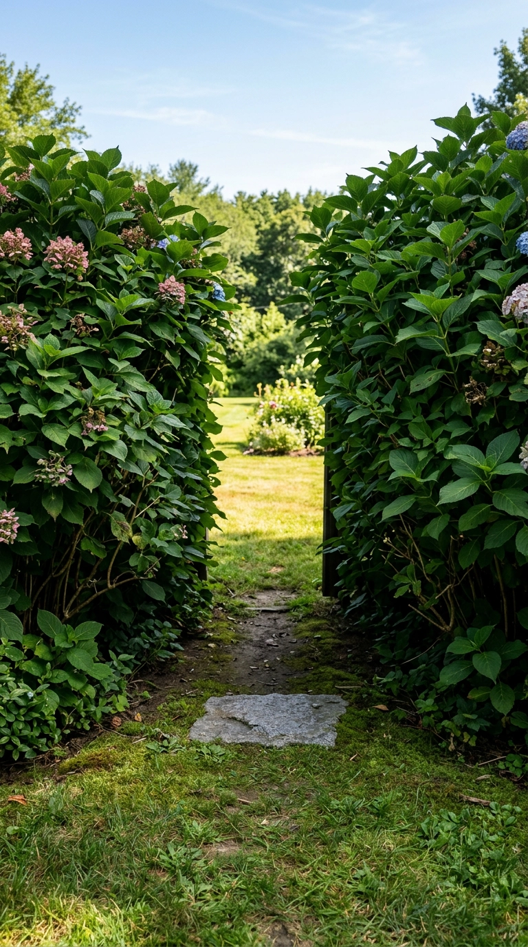 Narrow gap between two large shrubs forming a doorway to a sunlit clearing
