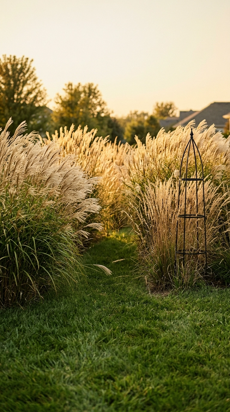 Tall backlit ornamental grasses screening a backyard with a narrow mown opening
