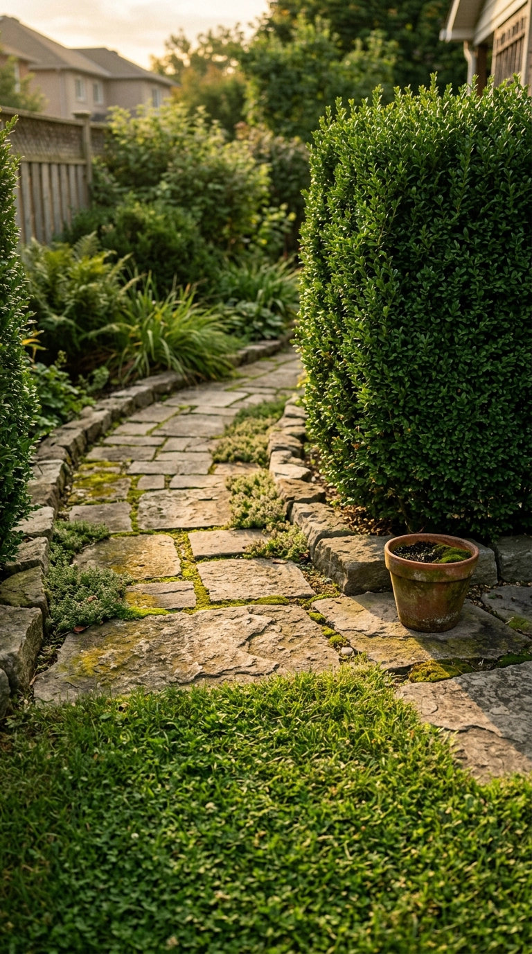 Curving flagstone path with creeping thyme disappearing behind a tall hedge