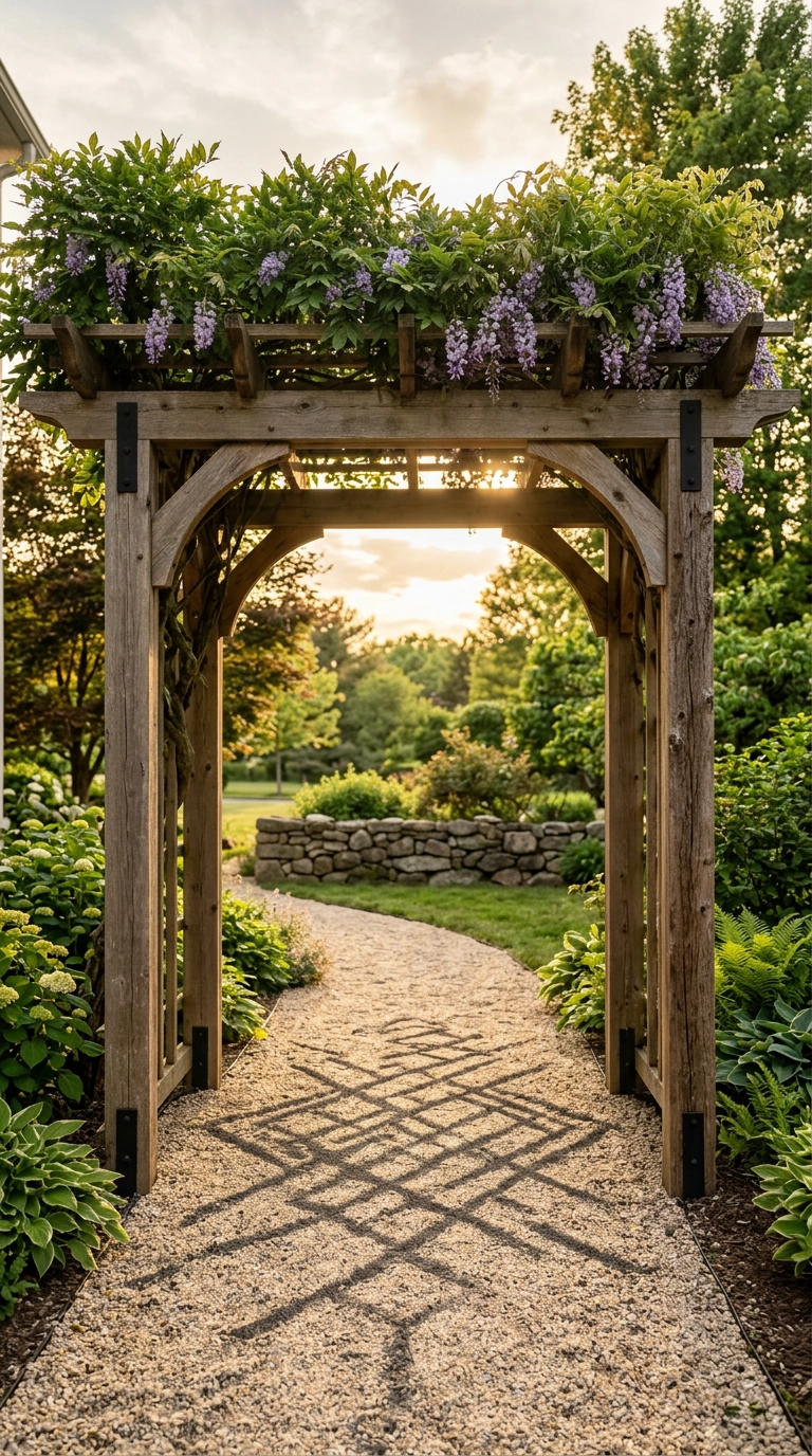 Cedar arbor covered in wisteria casting shadows over a gravel garden walkway