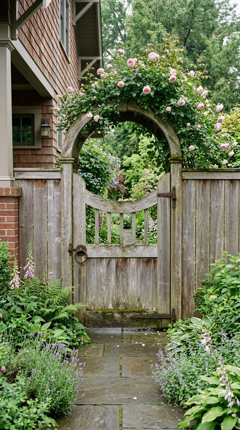 Weathered cedar arched garden gate in a tall fence with a stone path behind it