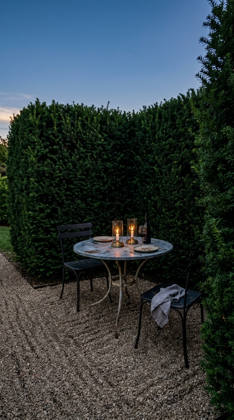 Small bistro dining nook with two chairs enclosed by tall hedge walls at dusk