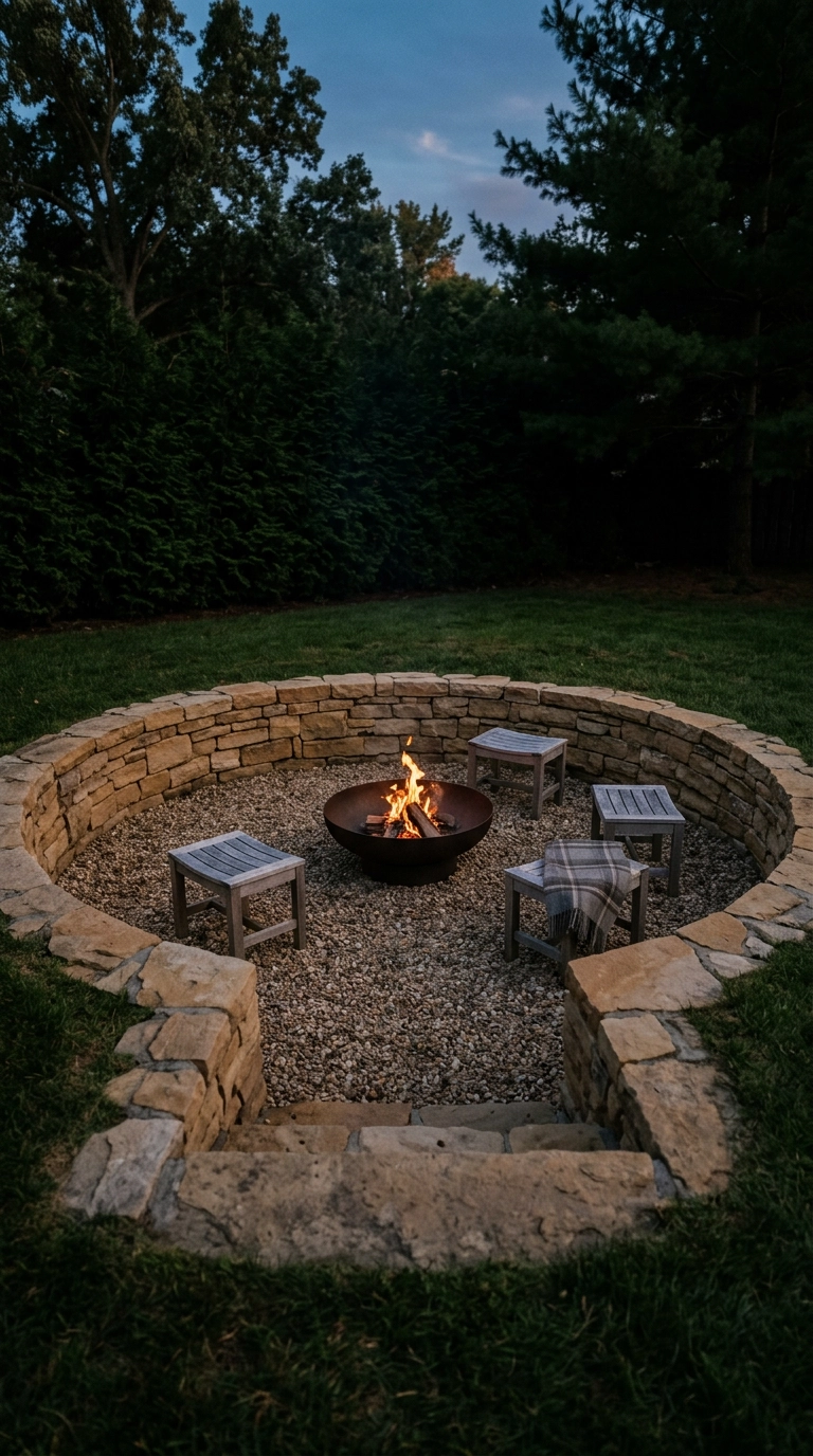 Sunken gravel fire circle with stone retaining wall and teak stools at dusk
