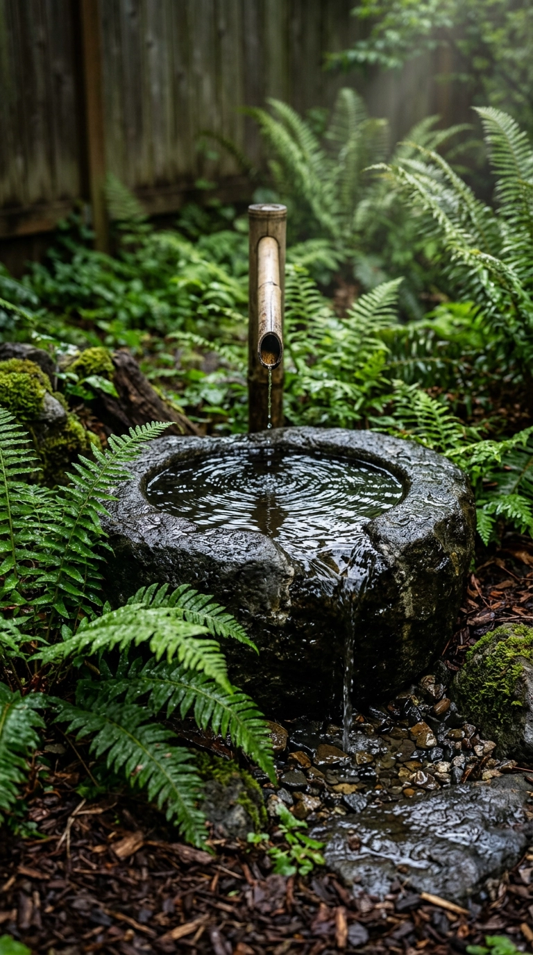 Shallow carved granite water basin trickling among ferns in a shaded garden corner