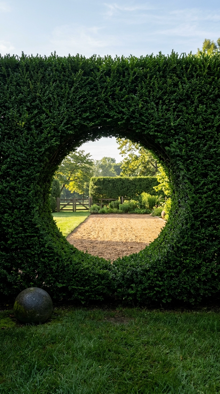 Circular moon gate opening cut into a tall boxwood hedge framing a sunlit clearing