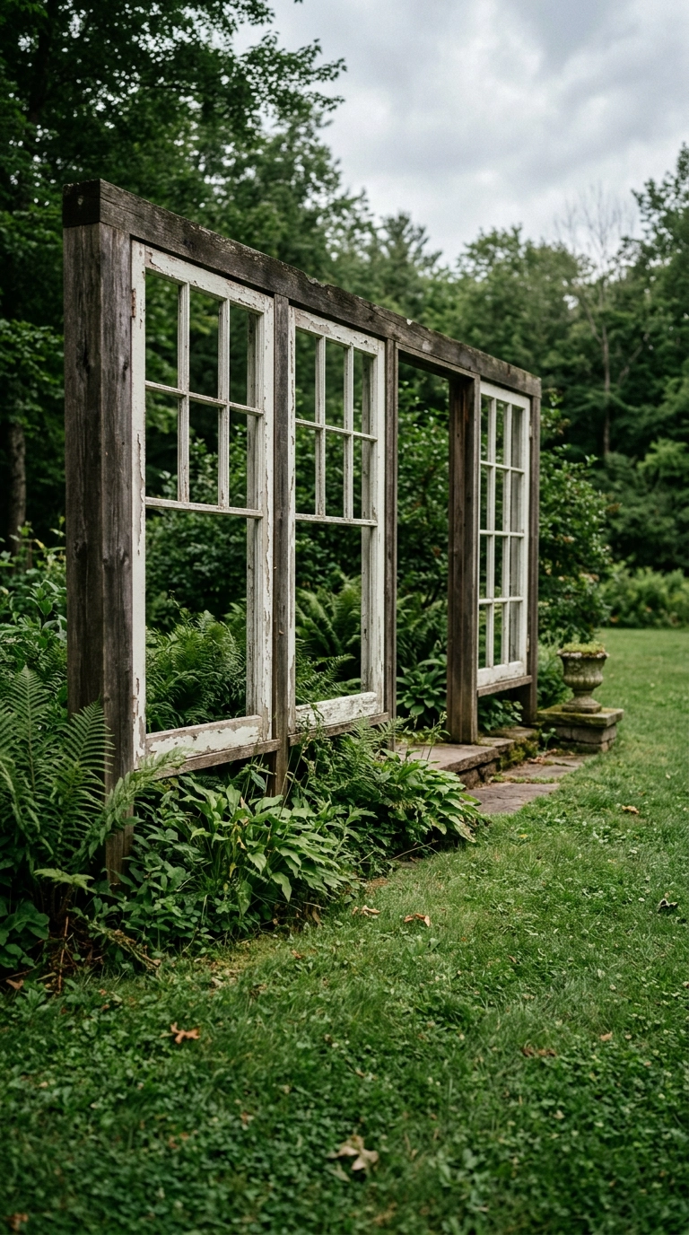 Freestanding garden wall built from salvaged white window sashes with foliage behind