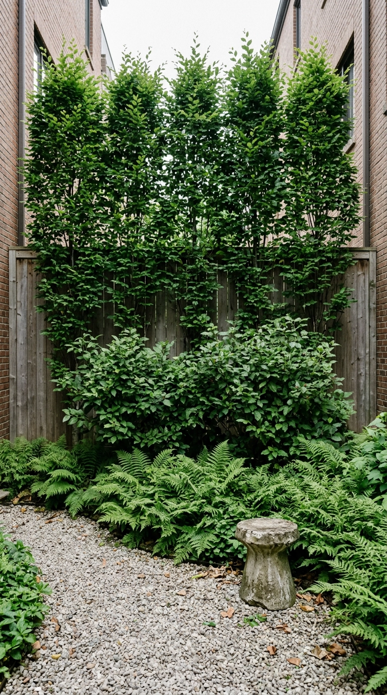 Layered garden screening with tall trees, mid shrubs and low ferns along a grey fence