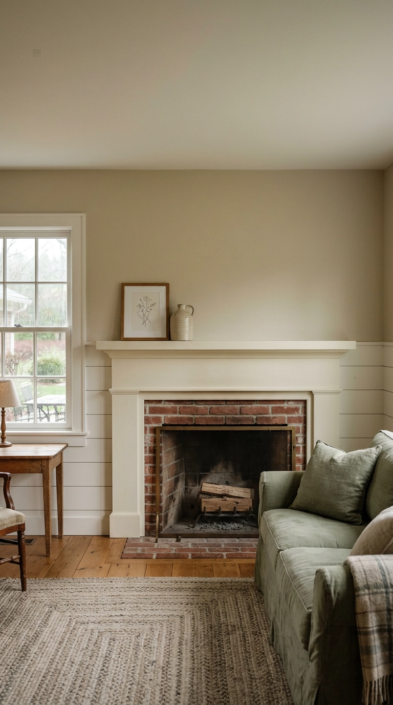 Half-wall white shiplap fireplace with exposed brick firebox and a deep painted mantel
