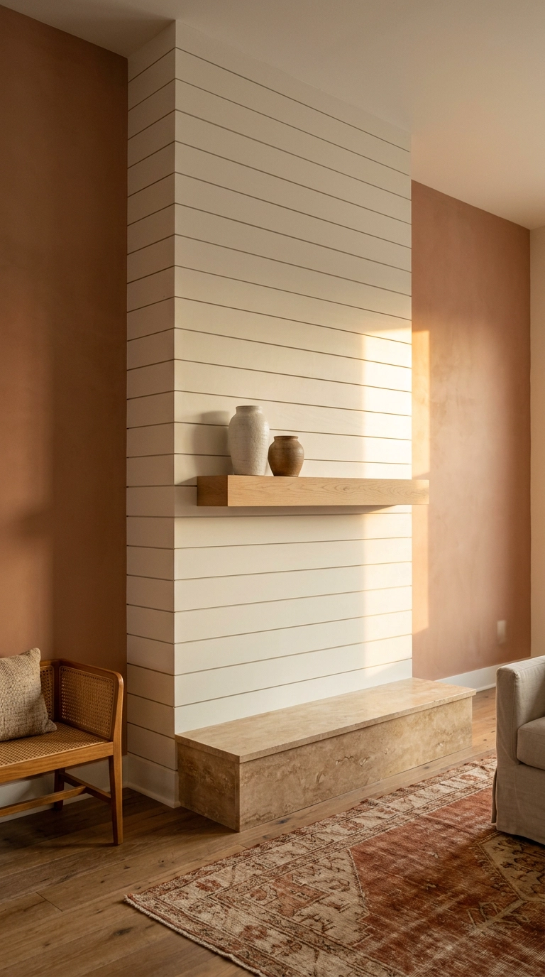 Shiplap cladding only the projecting chimney breast with terracotta plaster side walls