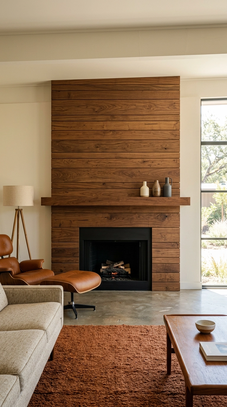Warm walnut stained shiplap fireplace surround in a mid-century ranch living room