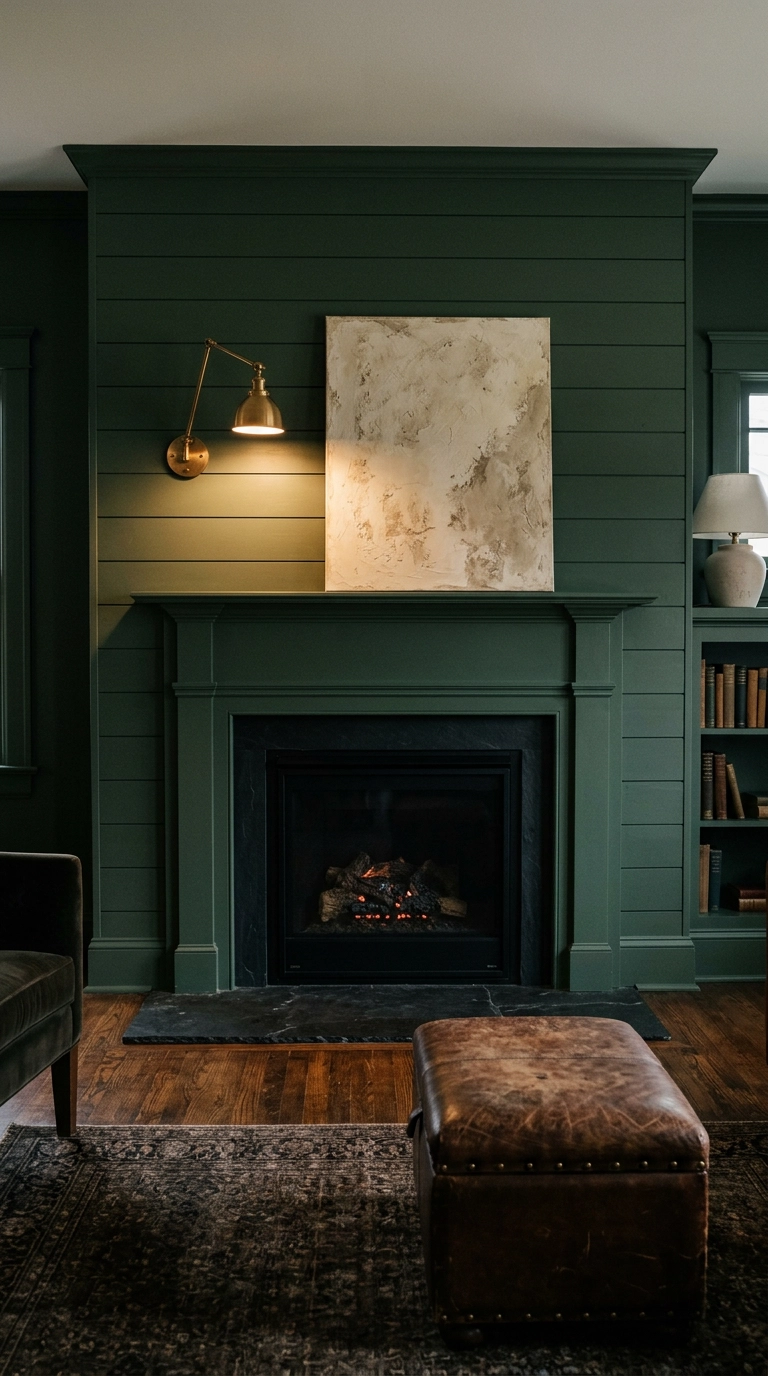 Deep forest green color-drenched shiplap fireplace wall with a brass sconce