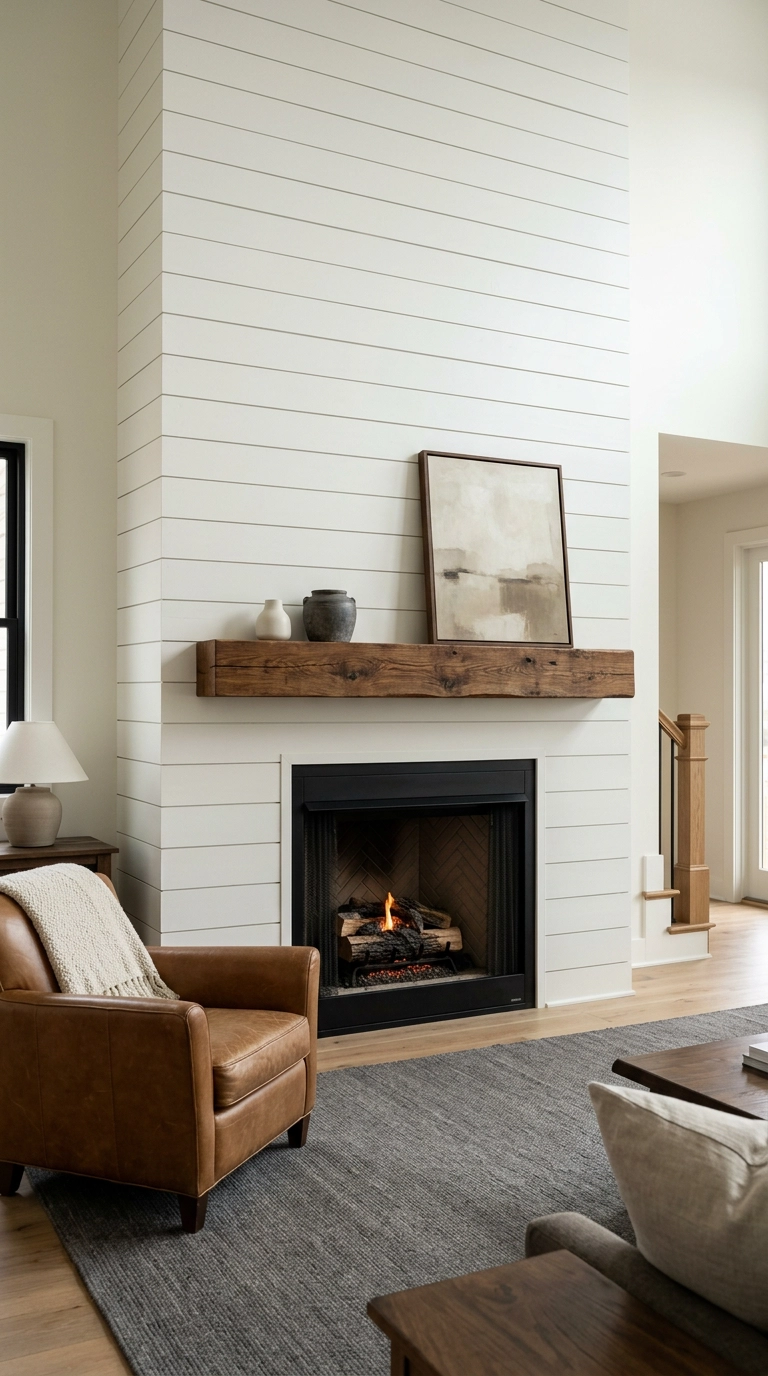 Floor-to-ceiling white shiplap fireplace with a thick reclaimed oak beam mantel