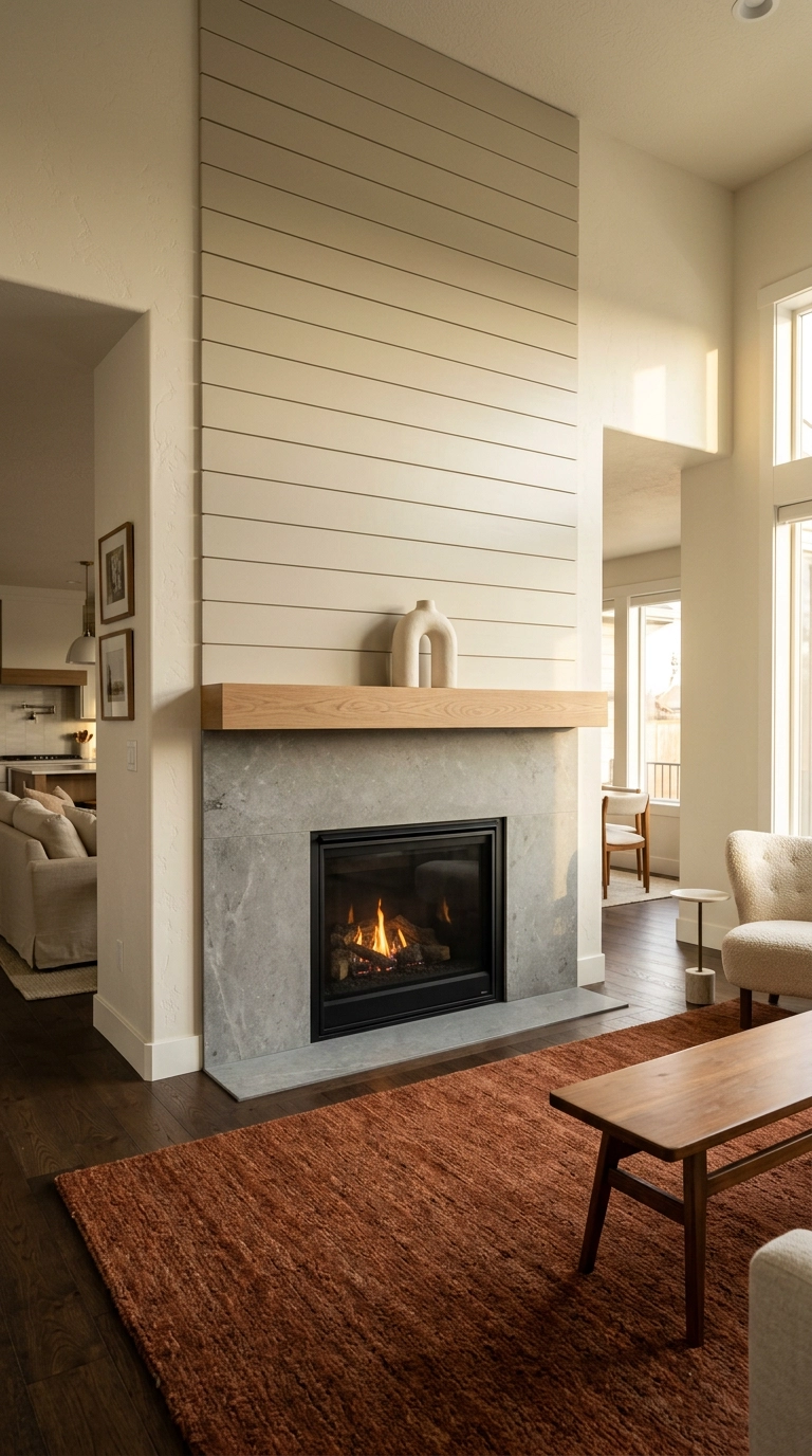Shiplap fireplace with a honed limestone non-combustible surround around the firebox