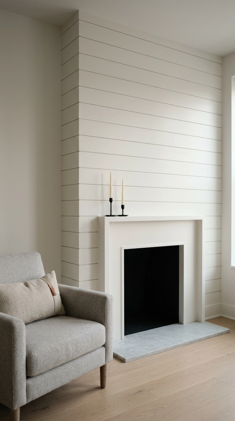Narrow micro shiplap fireplace painted the same white as the surrounding walls