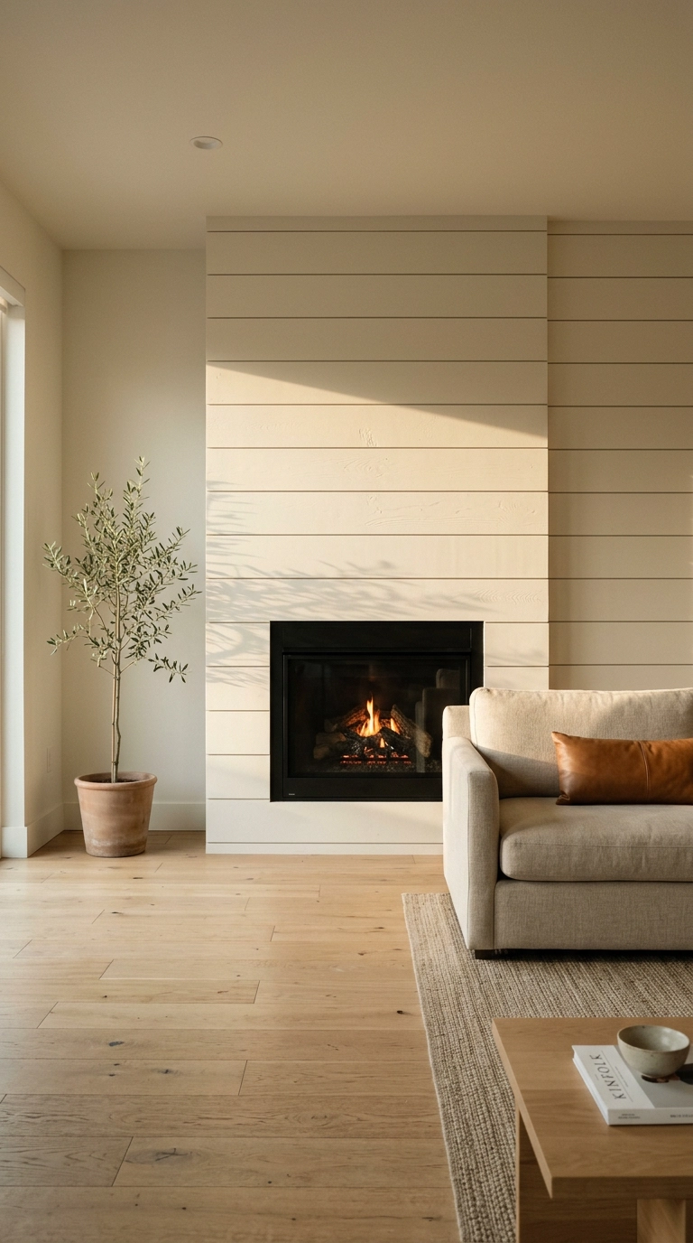 Wide-board alabaster shiplap fireplace with a tight reveal gap and no mantel