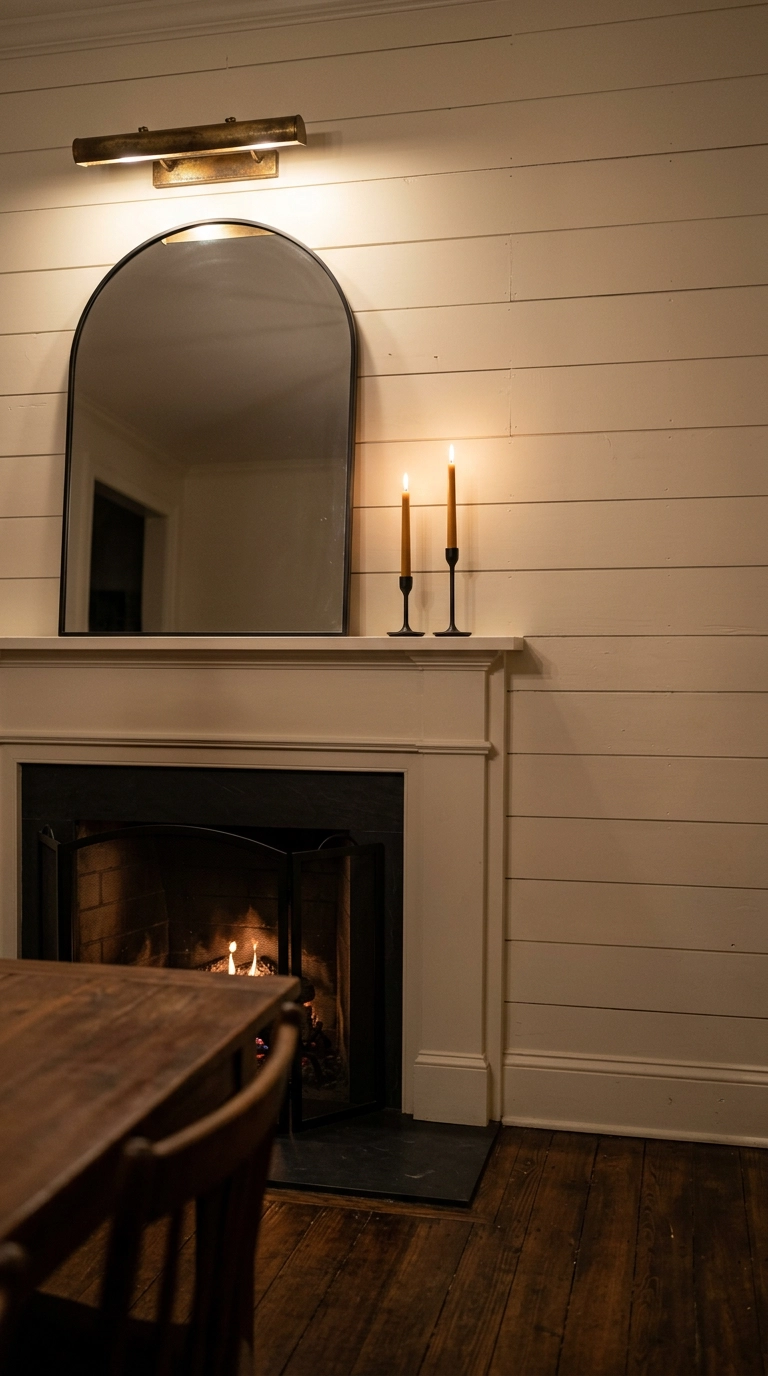 Oversized arched mirror leaned against an ivory shiplap fireplace with a brass picture light