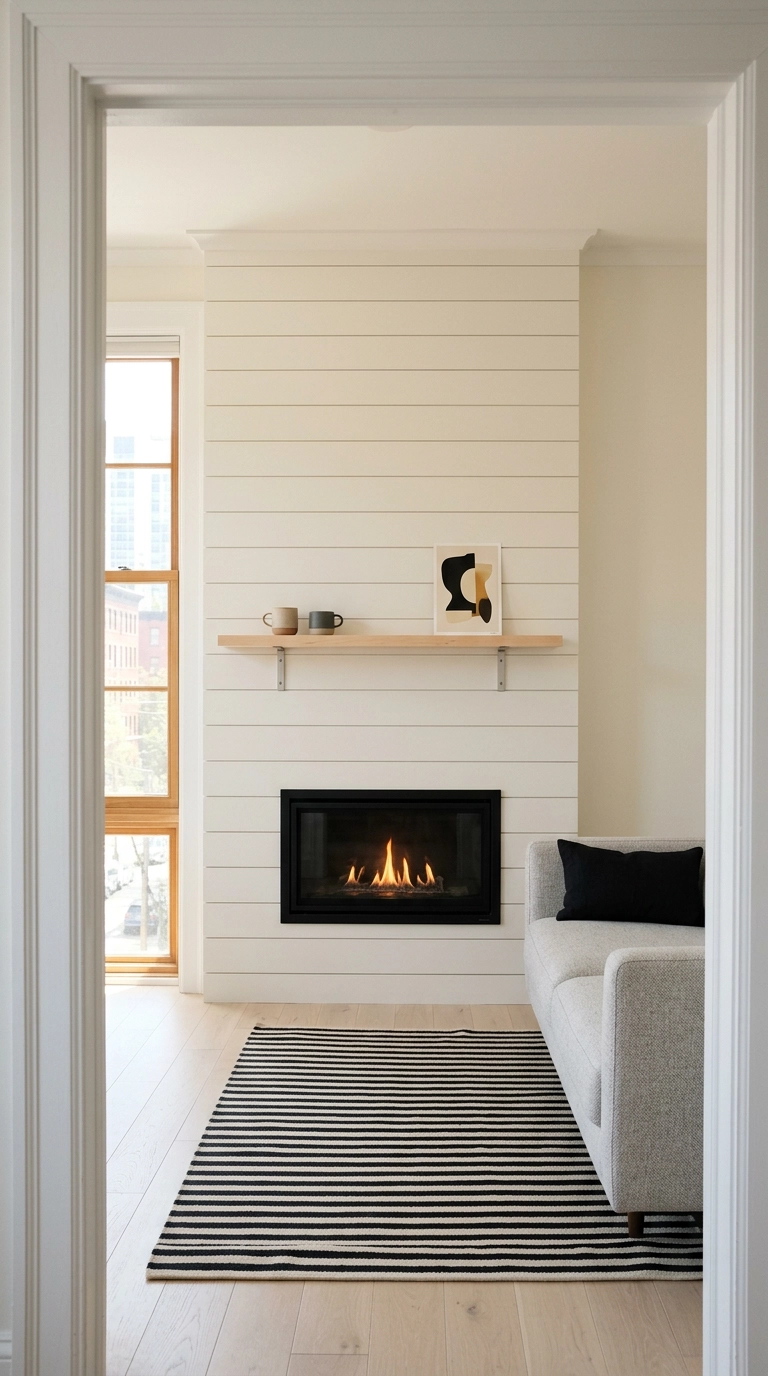 Peel-and-stick faux shiplap panels around a slim electric fireplace in a rental apartment