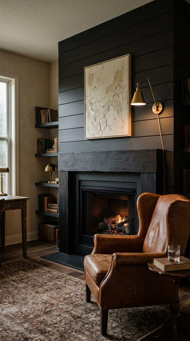 Near-black matte shiplap fireplace wall with a brass sconce and cognac leather chair