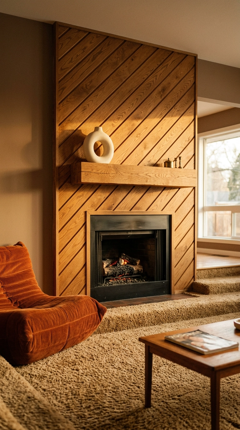 Honey oak shiplap boards set diagonally at 45 degrees on a fireplace chimney breast