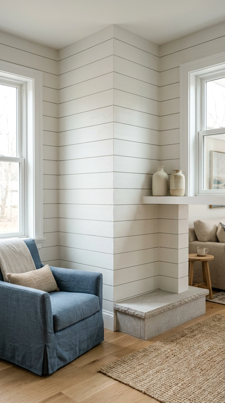White shiplap wrapping a corner fireplace across two adjoining walls