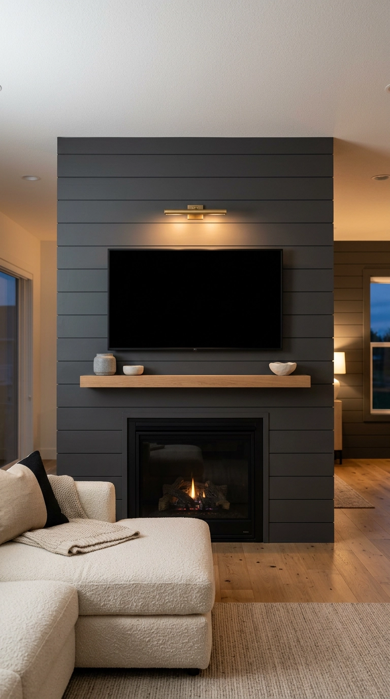 Charcoal shiplap fireplace with a television mounted low above a floating oak mantel