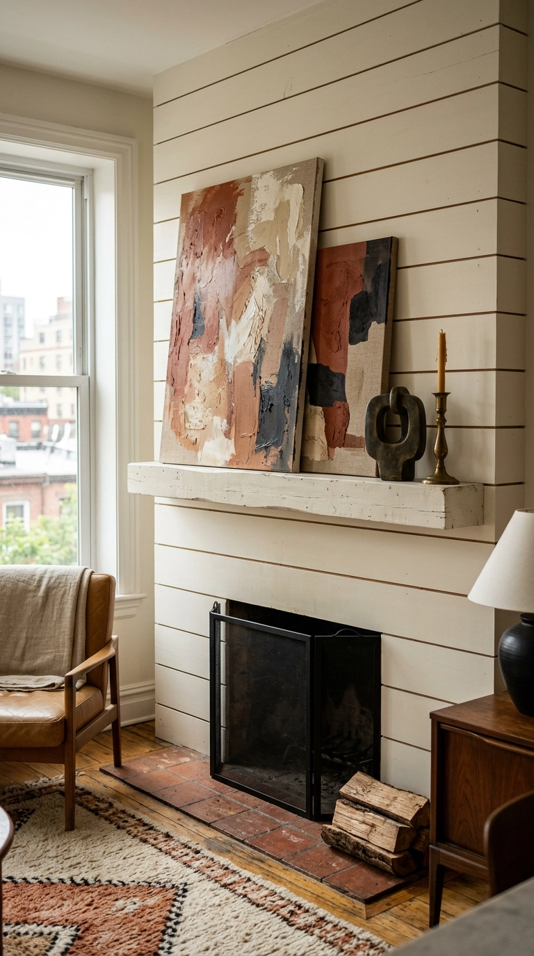 Two overlapping abstract canvases leaned against a white shiplap fireplace mantel